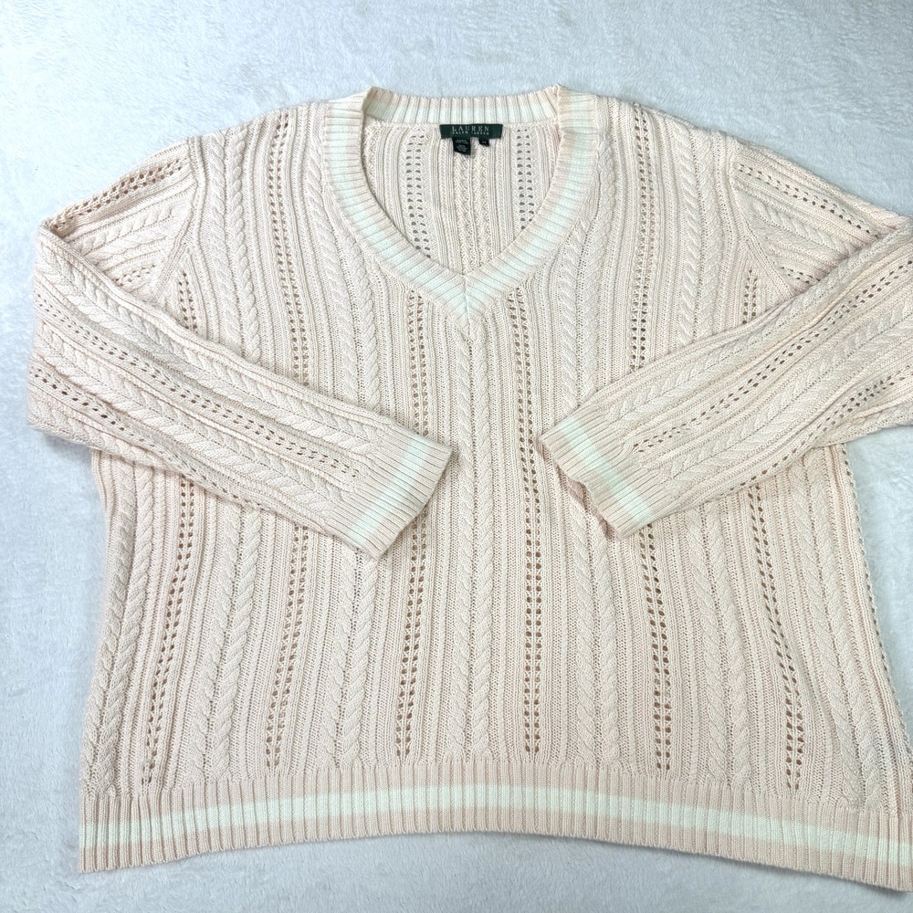 Lauren Ralph Lauren V-neck Cable Knit Sweater Womens Plus 3X Pink Eyelet Cotton